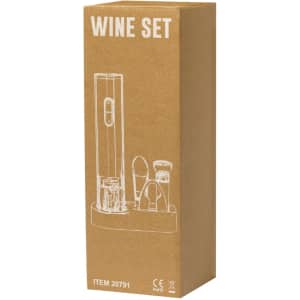 A wine set in a brown cardboard box featuring various wine accessories and a logo.