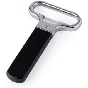A chrome and black corkscrew with a sturdy handle, designed for wine bottle openings. It features a smooth, simple design.