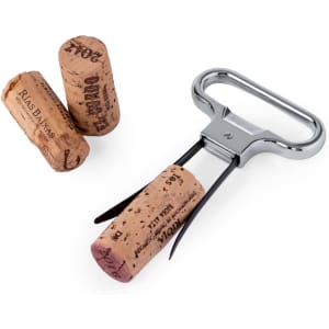 A corkscrew with a silver handle and two corks, featuring a logo, on a white background.