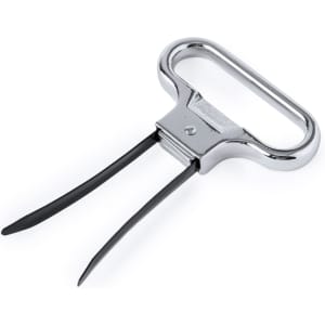 A chrome corkscrew with black prongs, featuring a logo, designed for easy bottle opening.