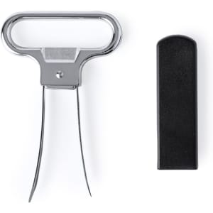 A chrome corkscrew with a black handle and a protective cover. Suitable for various bottle types.
