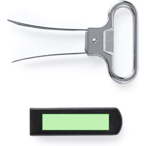 A metallic corkscrew with two prongs and a black handle featuring a green accent. It has a logo on the handle.