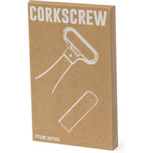A corkscrew in a brown kraft packaging, featuring a simple design and a logo. Ideal for wine bottle opening.