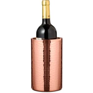 A drink bottle cooler in a hammered copper finish, holding a wine bottle. It features a sleek and modern design.