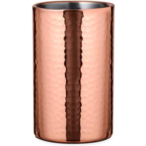 A drink bottle cooler in a rose gold finish with a textured surface and a stainless steel interior.