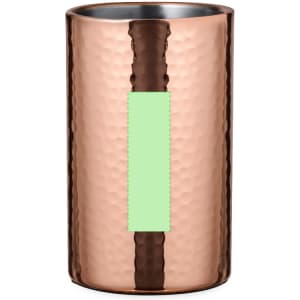 A drink bottle cooler in a hammered copper finish with a central green area, featuring a branding logo.