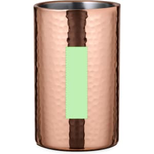A drink bottle cooler in a hammered copper finish with a smooth green section on the front.