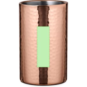 A drink bottle cooler in a hammered copper finish with a sleek, shiny interior and a blank section for branding.