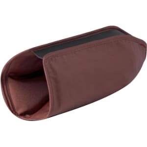 A drink bottle cooler in a maroon colour with a simple, sleek design and an interior lining. Features a logo.