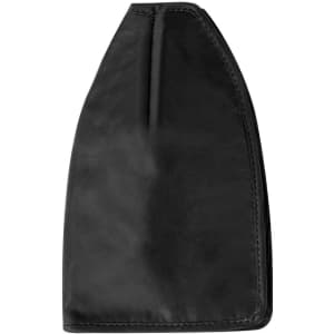A drink bottle cooler in a sleek black design, featuring a smooth texture and a fitted shape. It has a logo on it.