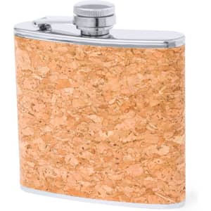 A drink bottle in a cork design with a silver cap and a branded logo. Ideal for carrying beverages.