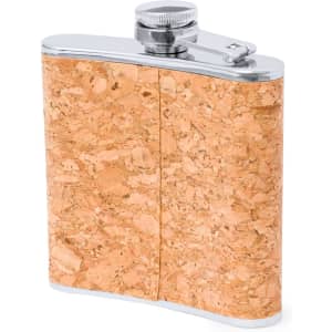 A drink bottle with a cork exterior and silver metal top, featuring a logo.