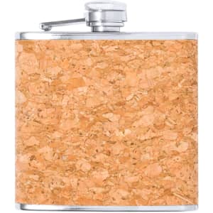 A drink flask with a cork exterior and a silver cap, featuring a sleek, rounded shape. It has a logo on the surface.