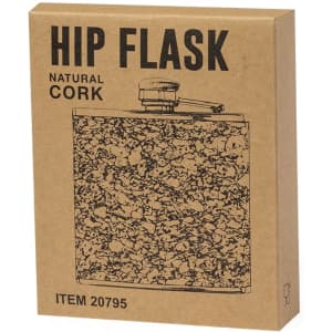 A hip flask in a natural cork design, packaged in a cardboard box. The flask features a metal top and a logo.