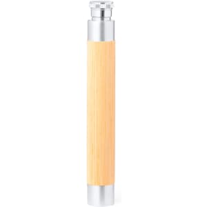 A drink flask with a silver top and a bamboo-like wooden body, featuring a sleek, cylindrical design.