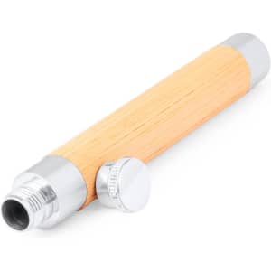 A drink bottle in a bamboo design with silver accents and a screw cap. It features a logo.