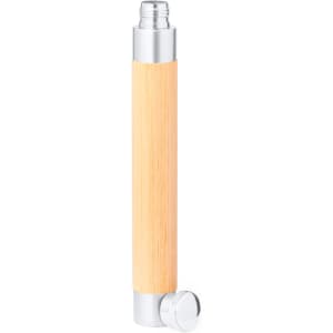 A drink bottle with a sleek bamboo body and silver accents, featuring a screw-top lid and a side opening.