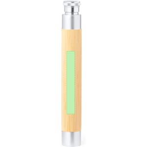 A drink bottle with a bamboo and silver design, featuring a green panel and a logo.