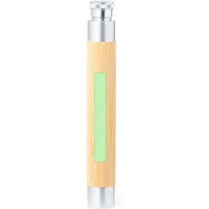 A drink bottle featuring a bamboo body with a silver top and a green accent, along with a logo.