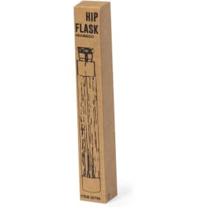 A drink flask in a slim packaging, featuring a wooden design and a black top, with a logo on the side.