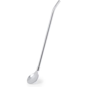 A silver drink stirrer with a spoon-shaped end, ideal for mixing beverages. It features a logo.