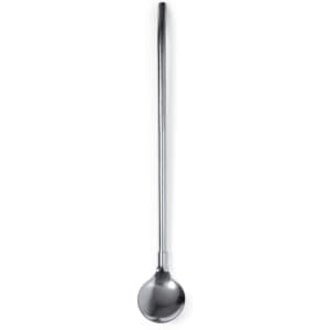 A drink stirrer in silver metal with a long handle and a round, scooped end. It has a sleek design and a branding logo.