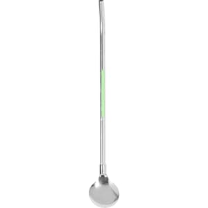 A drink stirrer with a curved metal straw and a round end, featuring a green accent. It has a logo.