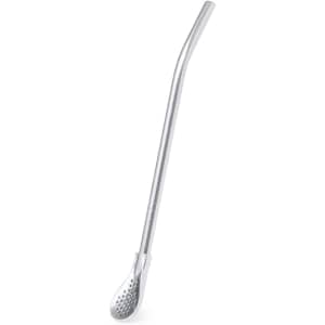 A silver drink stirrer with a long, curved straw and a perforated spoon-like end. It features a logo.