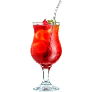 A vibrant red drink in a cocktail glass, featuring ice and a silver Evin straw stirrer.
