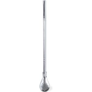 A drink stirrer in silver metal with a perforated end, designed for mixing and stirring beverages.
