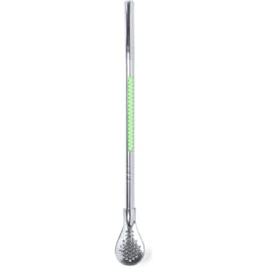 A silver drink stirrer with a green accent and a perforated end, featuring a logo. Suitable for beverages.