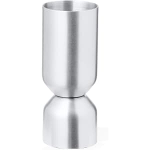 A metallic jigger with a sleek, shiny silver finish, featuring a tall cylindrical shape with a rounded base.