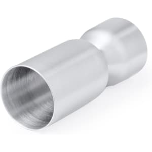 A stainless steel jigger with a sleek, shiny finish, featuring a narrower top and wider base.