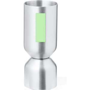 A stainless steel jigger with a sleek design and a logo space. Ideal for precise measurements in drink preparation.