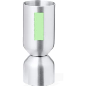 A stainless steel jigger with a sleek design, featuring a green label area for branding or customisation.