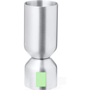 A stainless steel jigger with a sleek silver finish, featuring a logo on its base.