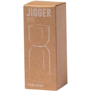 A jigger in a cardboard box, featuring a simple design and a logo, presented in a natural brown colour.