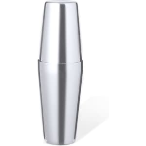 A metallic silver cocktail shaker with a sleek design and a logo, featuring two separate components for mixing drinks.