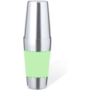 A drink bottle featuring a shiny silver stainless steel body with a light green band. It has a logo on the surface.