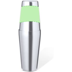 A cocktail shaker in stainless steel with a green lid. It features a logo on its surface.