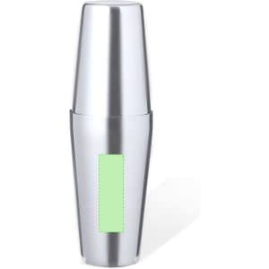 A cocktail shaker in shiny silver with a green section for branding or personalization.