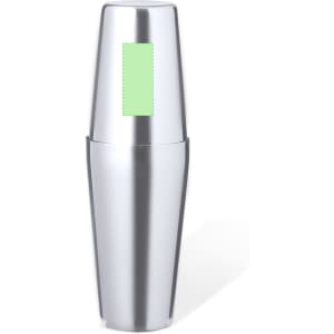 A drink shaker in shiny silver with a sleek design, featuring a branding logo and a green accent.