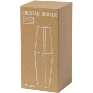 A stainless steel cocktail shaker in a simple cardboard box, featuring a logo on the front.