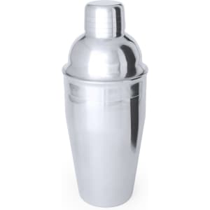 A silver cocktail shaker with a sleek, shiny finish, featuring a tight-fitting lid and a smooth surface.