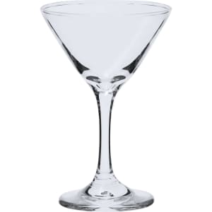 A clear glass martini glass with a tall stem and wide, tapered bowl. The glass features an elegant, simple design.