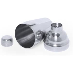 A shiny stainless steel cocktail shaker set with a main shaker body, a lid, and a strainer.