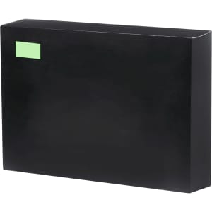 A sleek black box featuring a minimalist design and a small green label, suitable for packaging products or gifts.