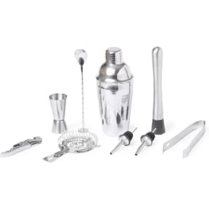 A cocktail set featuring a stainless steel shaker, jigger, strainer, stirring spoon, bottle pourers, and tongs.
