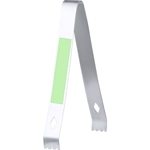 A stainless steel cocktail stirrer with a textured grip and a logo, featuring a light green band.