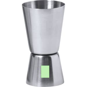 A stainless steel jigger with a sleek design, featuring a matte finish and a small coloured accent.